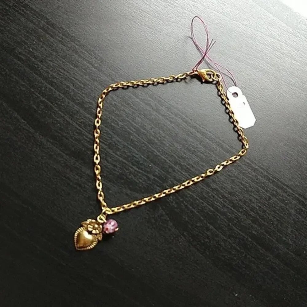 Anklet, Gold Heart Flower + Glass Bead 9" old new stock fashion jewelry - Picture 2 of 5